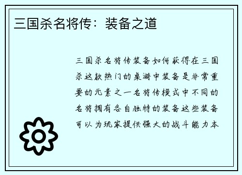 三国杀名将传：装备之道